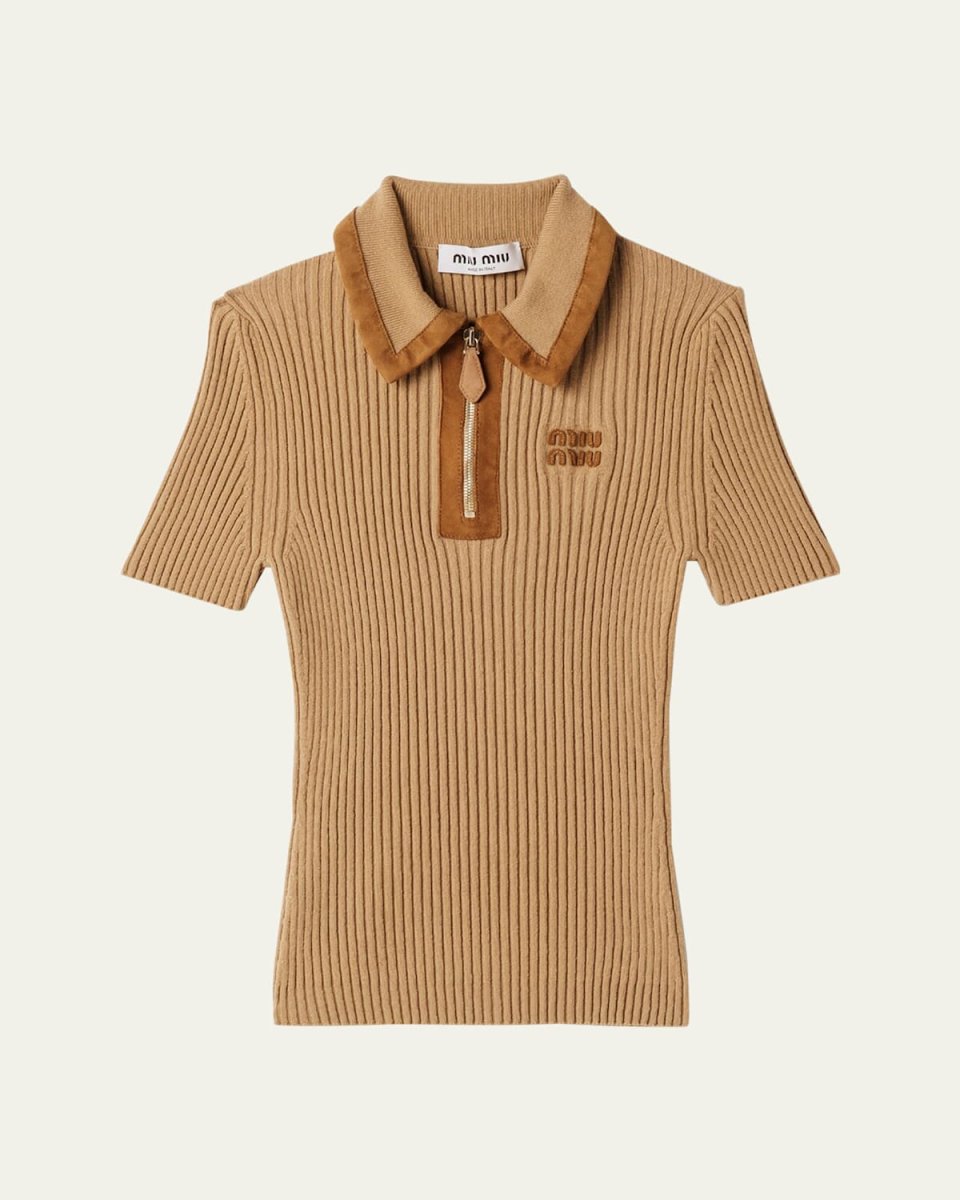 Cashmere Rib Short-Sleeve Polo Top